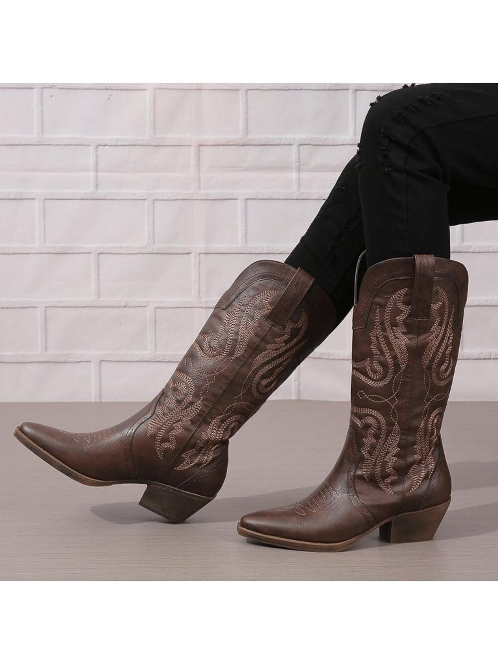 Women's Dark Brown Mid Calf Embroidered Western Snip Toe Chunky Heel Cowboy Boot - Picture 3 of 6